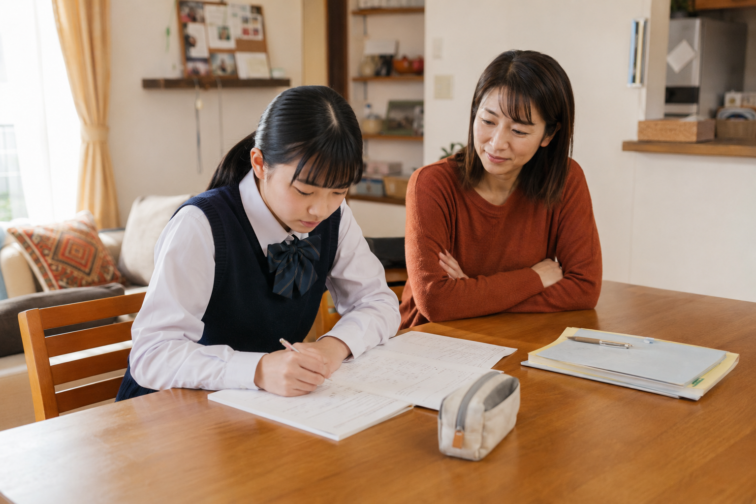 家庭で英語教材に取り組む中学生を見守る保護者