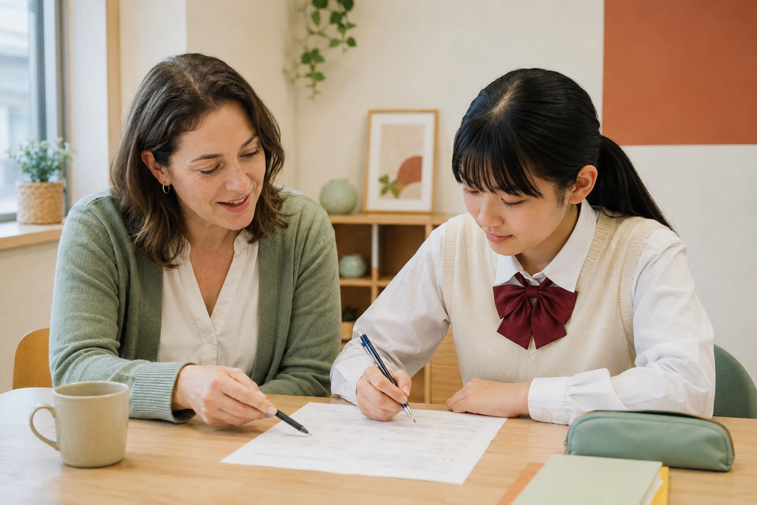 講師が中学生の英語学習を丁寧にサポートする様子