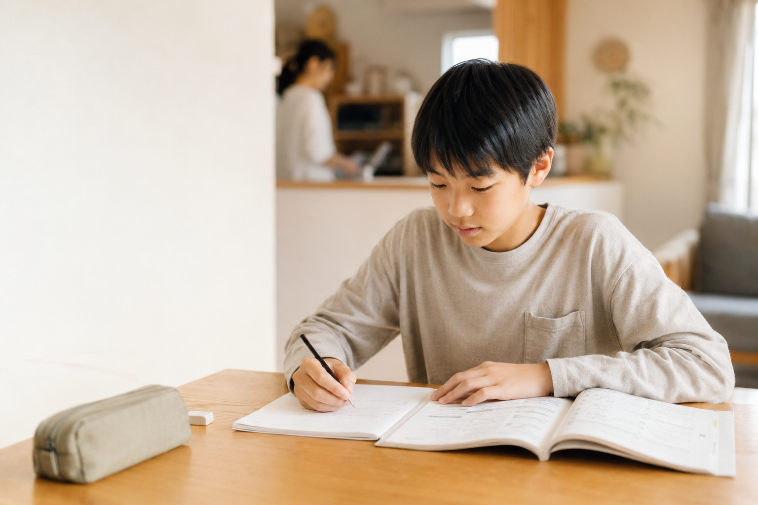 家庭で英語教材に取り組む中学生